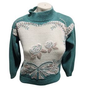 Lauren Cole Sweater Womens SZ Small Petite 3D Cottagecore Vintage Roses Mature
